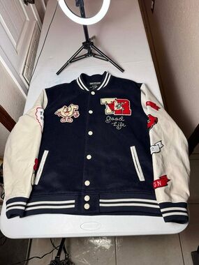 $685 True Religion Horseshoe Patch Varsity Mens Bomber Jacket Navy/White Sz XXL